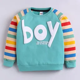 Little Ninja Cotton Knit Full Sleeves Boy Text Puff Printed Placement Striped Sweatshirt & Joggers Set - Green & Black image 4