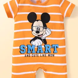 Babyhug Disney Interlock Knit Half Sleeves Rompers with Mickey Mouse Graphics Pack of 3 - Blue White & Orange image 4