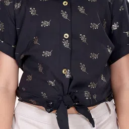 Kiddopanti Woven Half Sleeves Leaves Embroidered Shirt - Black image 5