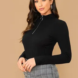 Maheshvi Women Ribbed High Neck Fitted Top-image-3