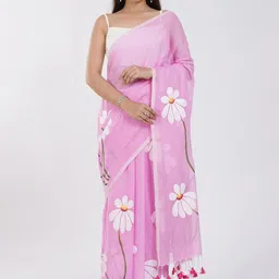 KALINI Floral Linen Blend Handloom Block Print Saree image 2