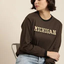 DILLINGER Women Coffee Brown Typography Printed Pure Cotton Loose T-shirt-picture-44