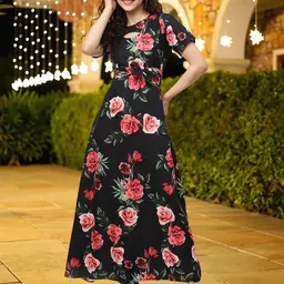 CORSICA Floral Print Keyhole Neck Crepe Fit & Flare Maxi Dress-picture-17