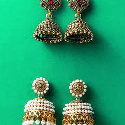 Anouk Set Of 2 Gold-Plated Stones Studded & Pearls Beaded Dome Shaped Jhumkas-picture-27