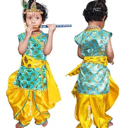 Sarvda Short Sleeves Peacock Feather Print Shri Krishna Kurta And Dhoti With Mukut Basuri Mala Kundal And Morpankh - Blue-image-34