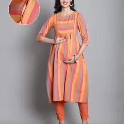 Moms Maternity Three Fourth Sleeves Abstract Striped Sustainable Cotton Maternity Kurta Set With Nursing Access - Orange-image-64