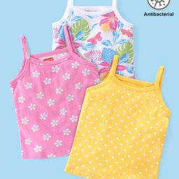 Babyhug 100% Cotton Knit Singlet Sleeves Antibacterial Slips with Floral & Polka Dots Print Pack of 3 - Pink Yellow & White-picture-49