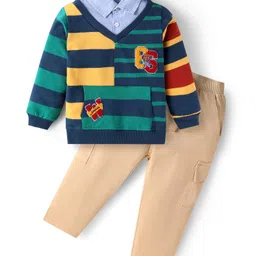 Babyhug Terry Knit Full Sleeves Overlapped T-Shirt & Lounge Pant Set With Text Embroidery - Dark Green & Beige-picture-18
