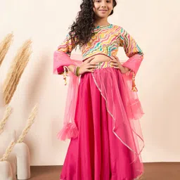 Stylo Bug Three Fourth Sleeves Tie Dyed & Lace Embellished Lehenga & Choli Set With Dupatta - Multi Colour-image-95