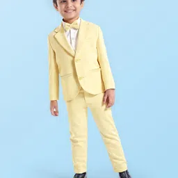 Babyhug Woven Full Sleeves Solid Colour 3 Piece Party Suit with Bow - Yellow-picture-14