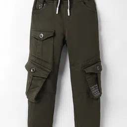 Olio Kids Cotton Woven Full Length Trousers with Text Print - Olive Green-picture-26