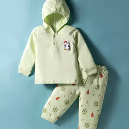 Tango Interlock Knit Full Sleeves Hooded T-Shirt and Joggers with Penguin Print - Light Green-picture-13