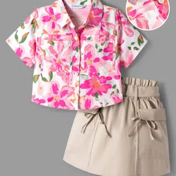 OLLINGTON ST. Woven Rayon Half Sleeves Floral Printed Top & Cotton Twill Skirt Set- Pink White & Khaki-picture-34