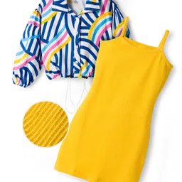 OLLINGTON ST. 100% Cotton Knit Full Sleeves Abstract Printed Jacket & Inner Knit Dress - Yellow White & Blue-picture-18