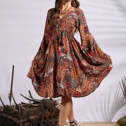 gale girls Rust Bohemian Print Flared Sleeves Knee Length Dress image 5