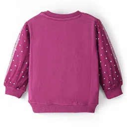 Babyhug Cotton Knit Balloon Sleeves Sweatshirt With Sequins Foil Print & Mesh Detailing - Purple image 2