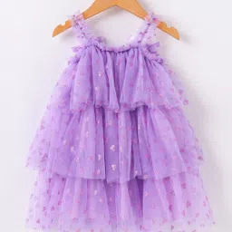 Kookie Kids Sleeveless Layered Party Frock with Glitter Heart Print Bow Applique - Purple image 2