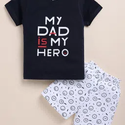 TOONYPORT Cotton Half Sleeves Typography Printed Tee & Shorts Set - Navy Blue image 3