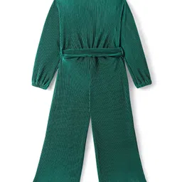arias by lara dutta Arias Knitted Full Peasant Sleeves Fit and Flare Jumpsuits With Bow Applique & Ribbed Design - Green image 2