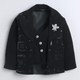 Fourfolds Cotton Blend Woven Full Sleeves Sequins Embellished 3 Piece Party Suit Set With Bow - Black image 3