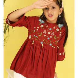 ISHTI Woven Three Fourth Sleeves Floral Embroidered & Beads Embellished Top - Maroon image 4
