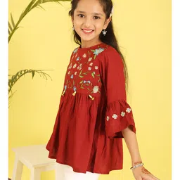 ISHTI Woven Three Fourth Sleeves Floral Embroidered & Beads Embellished Top - Maroon image 5