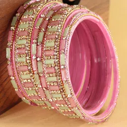 ZULKA Set Of 6 Zircon Diamonds Studded & Beaded Glass Bangles-picture-10