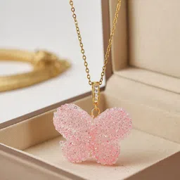 DressBerry Gold-Plated Stone Studded Butterfly Shaped Pendant With Chain-picture-33