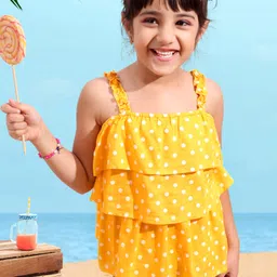 Babyhug Half Sleeves Rayon Woven Layered Top with Polka Print & Frill Detailing - Yellow-picture-19