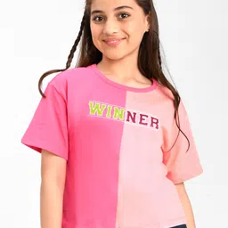 Pine Kids Cotton Half Sleeves T-Shirt Text Print - Hot Pink image 1