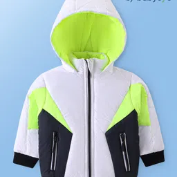 Babyoye Woven Full Sleeves Colour Block Hooded Padded Winter Jacket with Pocket - White & Neon Green-picture-18