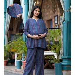 Aujjessa Cotton Three Fourth Sleeves Geometric Printed & Lace Embellished Maternity Night Suit with Concealed Zipper Nursing Access  Indigo Multi-picture-19