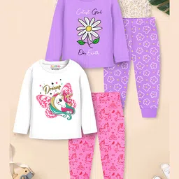 Trampoline Cotton Blend Knit Pack Of 2 Full Sleeves Unicorn & Floral Printed Night Suit Set - Multi Colour-picture-24