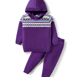 Babyhug Knitted Full Sleeves Hooded Sweater Set With Geometric Design - Purple-picture-14
