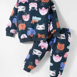 Teddy Fleece Knit Full Sleeves Winter Wear Co-ords Night Suit With Animal Print - Charcoal Grey-picture-18