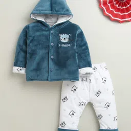 BUMZEE Cotton Blend Knit Full Sleeves Tiger Embroidered Hooded Shirt & Pants Set - Navy & White-image-87