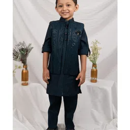 LITTLE COLLARS Silk Woven Full Sleeves Solid Kurta Pyjama With Threadwork Detailed Sequins Embellished Jacket Set - Blue-picture-23