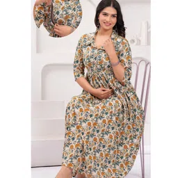 Step Queen Rayon Woven Three Fourth Sleeves Floral Printed Maternity Dress With Side Zipper Nursing Access - Beige-picture-17