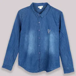 PURPLE UNITED KIDS Denim Woven Full Sleeves Brand Logo Embroidered Mild Washed Shirt - Blue-picture-23
