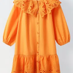Spunkies Cotton Woven Full Sleeves Schffli Embroidered Dress - Orange-image-96