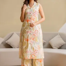 Anouk Women Floral Printed Regular Pure Cotton Kurta with Palazzos image 2