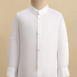 Robo Fry Cotton Woven Full Sleeves Three Piece Party Suit with Stripes & Bow - White & Light Blue image 2