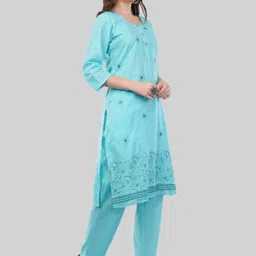 EELIKA Women Ethnic Motifs Embroidered Pure Cotton Straight Kurta with Trousers & Dupatta image 2