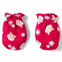 Babyhug 100% Cotton Knit Cap Mittens And Booties with Floral & Animal Print Red - 13.5 cm Diameter image 5