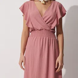 Happiness istanbul Women Cotton V-Neck Flutter Sleeve Wrap Midi Dress image 4