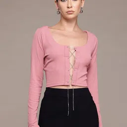 bebe Future Glam Lace-Up Style Beaded Tie-Up Crop Top image 5