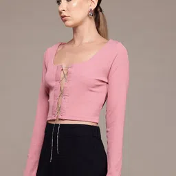 bebe Future Glam Lace-Up Style Beaded Tie-Up Crop Top image 4