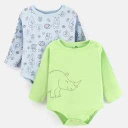 Doodle Poodle Cotton Knit Full Sleeves Animal Printed Onesies Pack Of 2 - Green & Blue-image-23