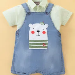 Little Kangaroos Cotton Knit Dungaree with Half Sleeves Shirt & Teddy Applique - Light Blue-picture-27