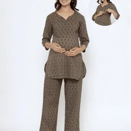 CRAFIQA Cotton Three Fourth Sleeves Floral    Printed Maternity Night Suit With Concealed Zipper Nursing Access - Grey-picture-12